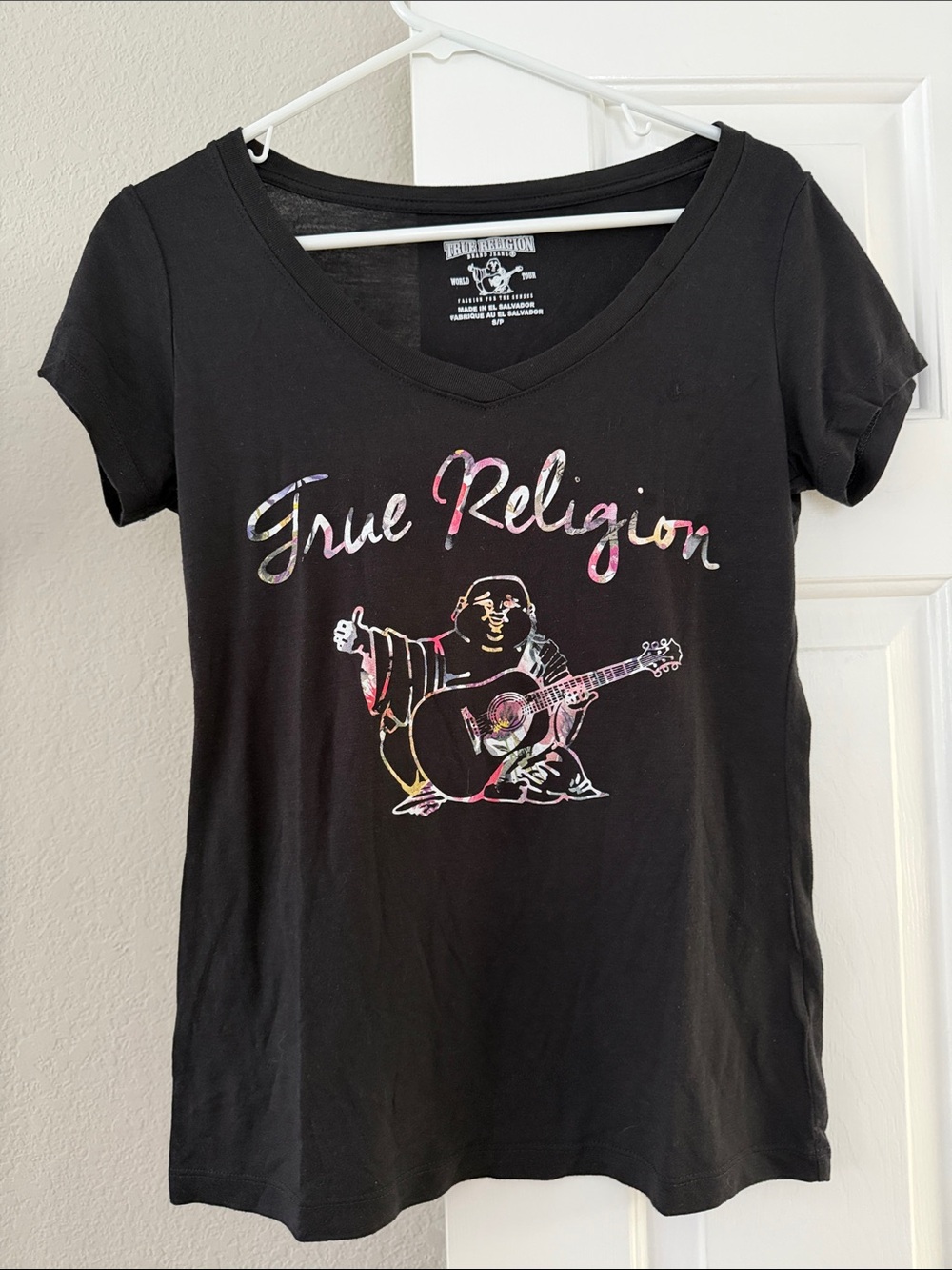 True Religion Black V-Neck Tee with Colorful Buddha Guitar Graphic